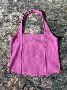 American Eagle Outfitters Hot Pink Ribbed Halter Top with Lace - NWOT Size Large